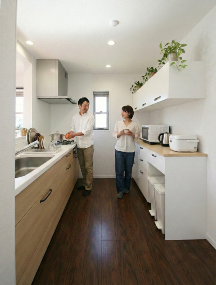 ホワイト＆ウッドの食器棚。フラップアップ扉・幅180cm